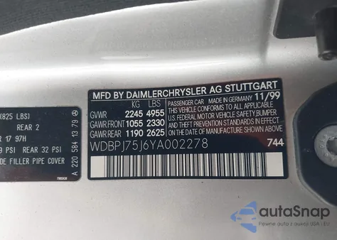 2000 Mercedes-Benz Cl 500 z USA, uszkodzony, nr VIN WDBPJ75J6YA002278